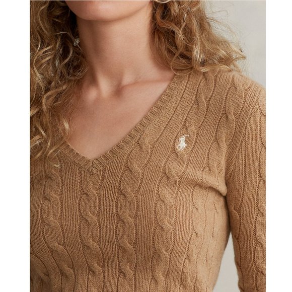 Polo Ralph Lauren Cashmere Merino Wool Cable Knit Jumper Sweater Camel Tan Vneck - Picture 2 of 12